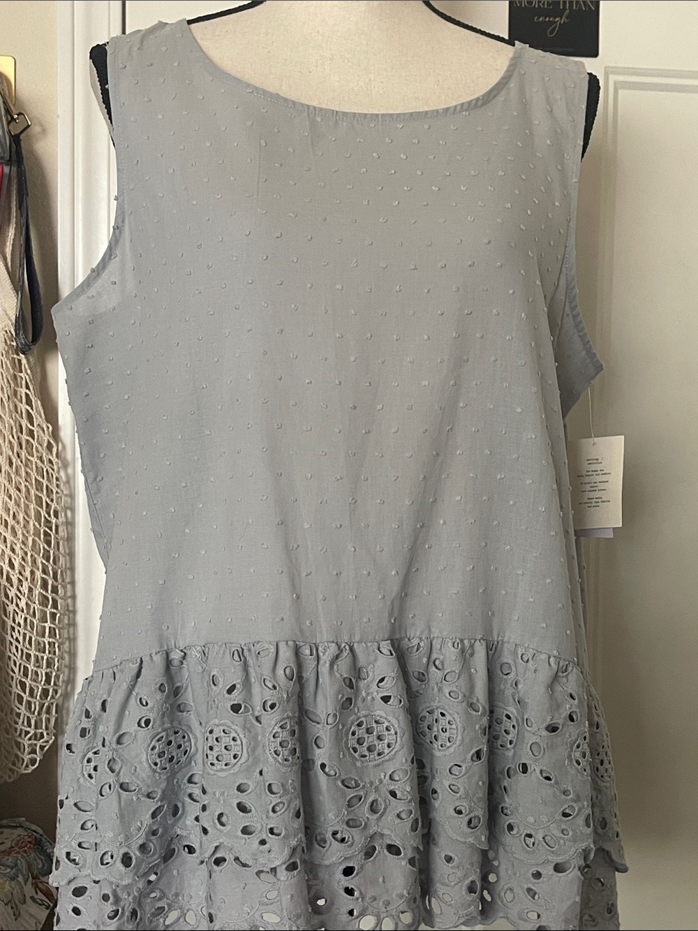 Retrology Light Grey Swiss Dot Sleeveless Peplum Eyelet Top